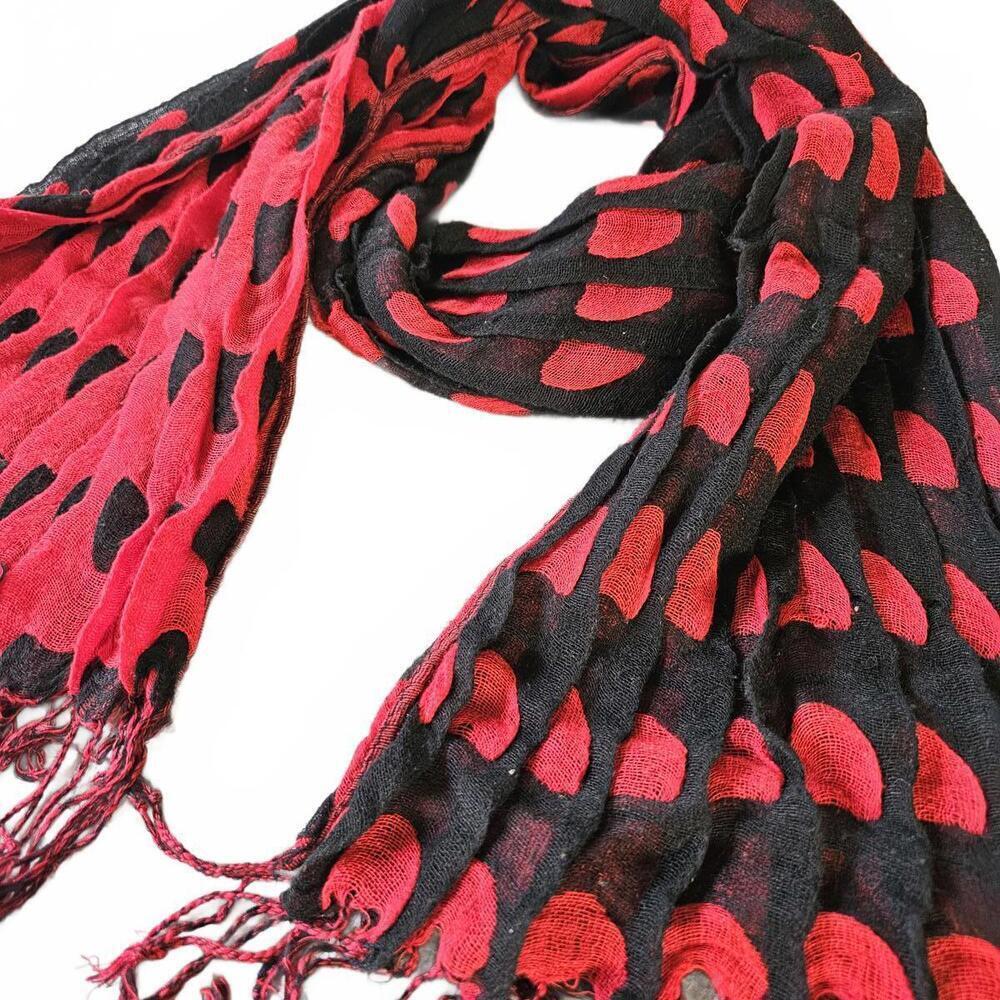 Red and Black Patterned Scarf with Fringe - Picture 3 of 3